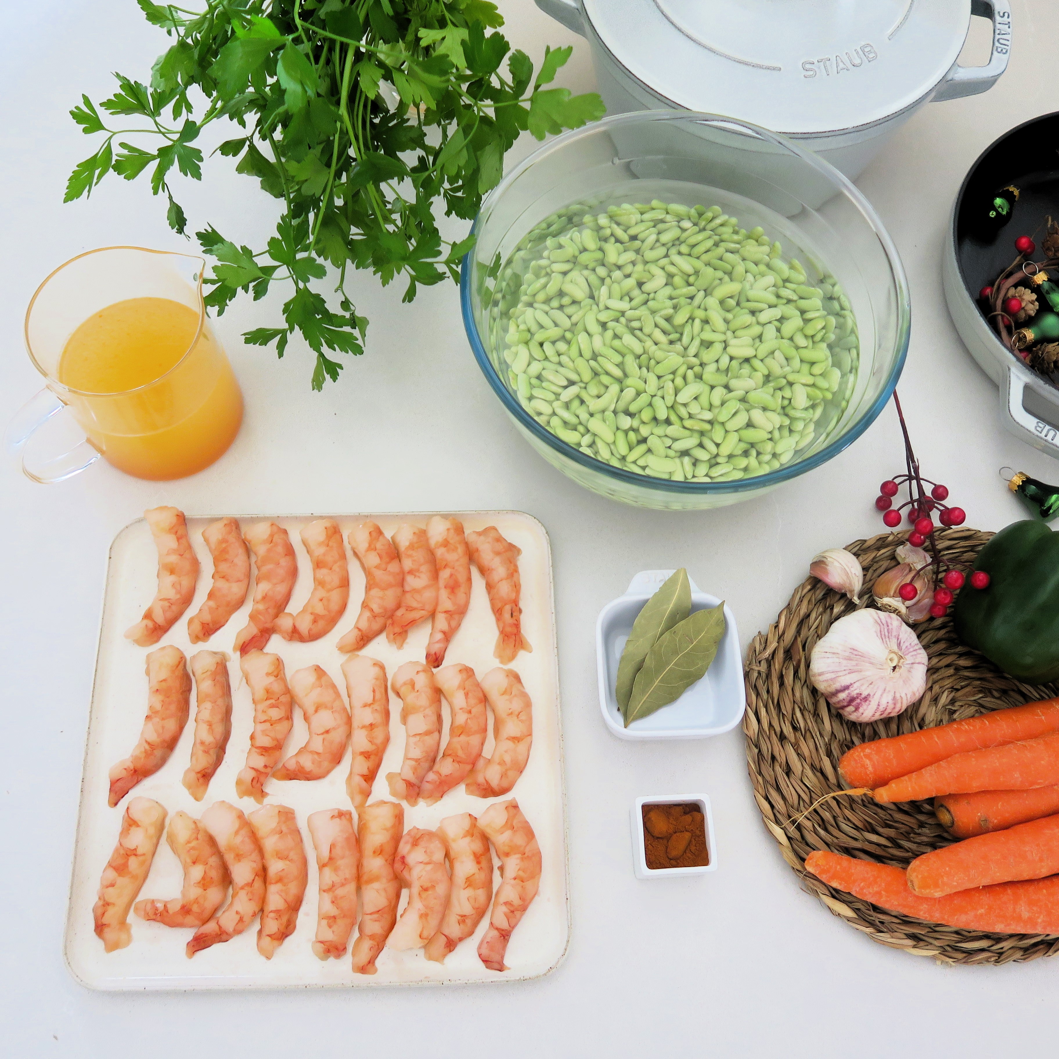 Ingredientes verdinas con langostinos